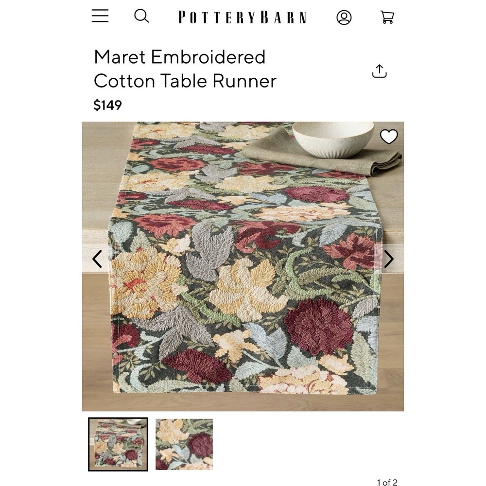 Pottery Barn Maret Embroidered Cotton Table Runner 18"x108" New!